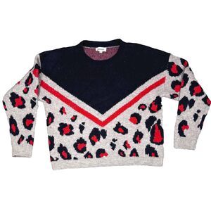 Anthro Adora Sweater Women's Small Gray/Black/Red Leopard Long Sleeve